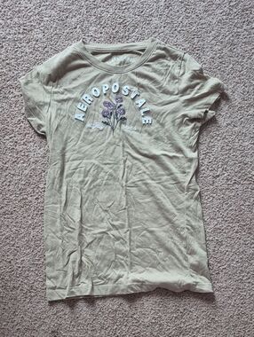 Aeropostale Olive Green Short Sleeve Tee with Purple Floral Embroidery